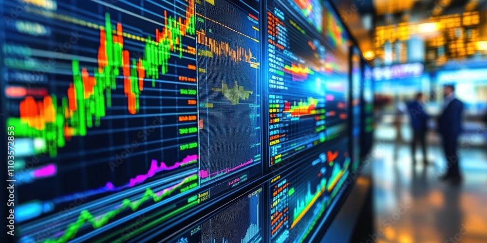 Poster close-up of multiple computer screens displaying real-time data and graphs in a busy financial tradi