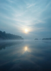 Fototapeta premium the sun rises over a calm lake in the mist