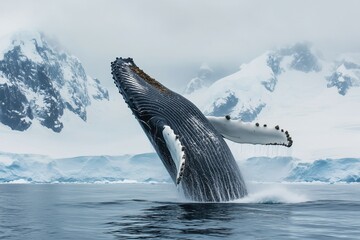 Fototapeta premium Humpback whale in Antarctica comes out of the water, showing itself