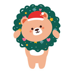 cute drawing cartoon bear inside christmas wreath. cute animal drawing, doodle, sticker for christmas