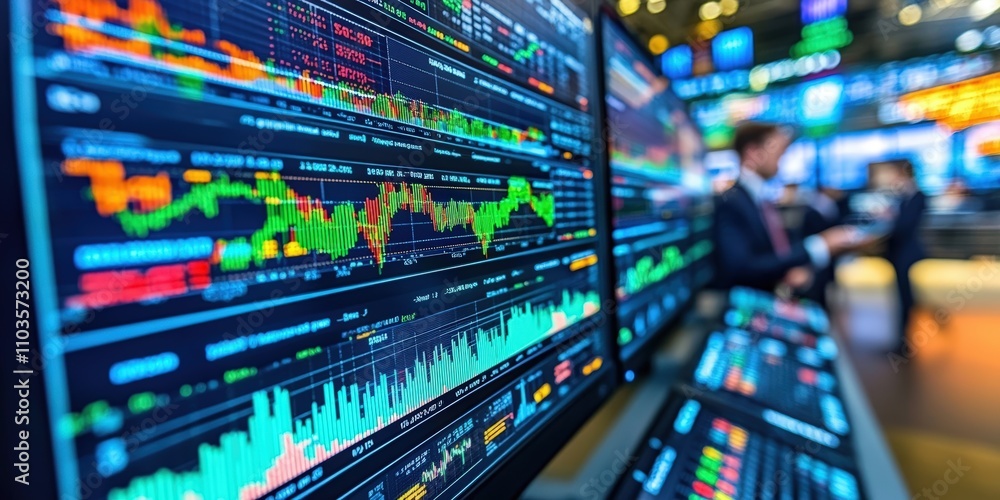 Poster close up of multiple computer screens displaying stock market data and financial charts in a modern 