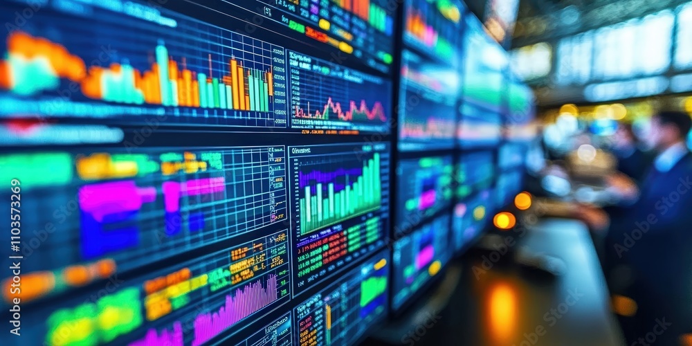 Poster close-up view of multiple computer screens displaying stock market data and financial graphs in an o