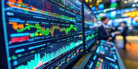 Close Up of Multiple Computer Screens Displaying Stock Market Data and Financial Charts in a Modern Trading Environment