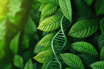 Biotechnology Symbolism, vibrant green leaves intertwined with DNA strands, illustrating the fusion of nature and science in genetic innovation