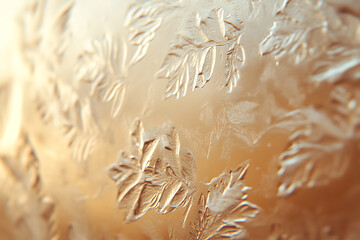 Close-up of frosted window glass with intricate icy patterns glowing softly under gentle winter sunlight
