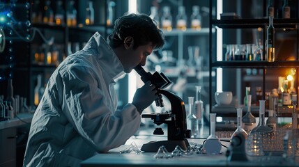 Genetic Research: Scientist Examining DNA Strands Under Microscope in Sterile Lab