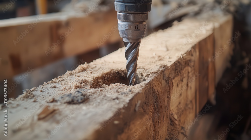 Poster a drill with an extended auger bit being used to make a deep hole in a wooden beam.