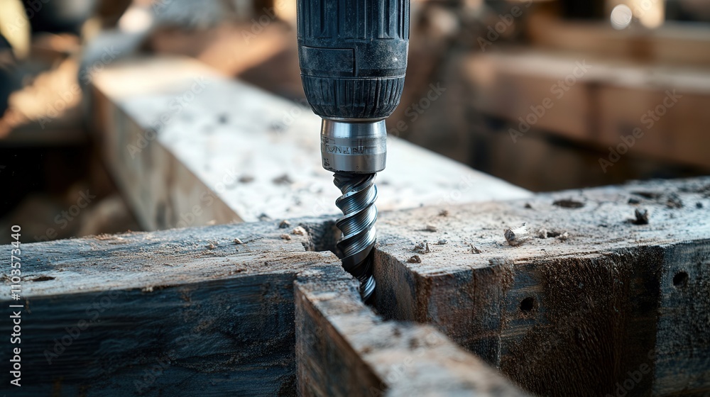 Poster a drill with an extended auger bit being used to make a deep hole in a wooden beam.