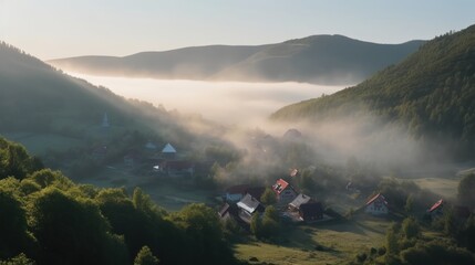 Peaceful morning in the mountain with forest and fog in background. Morning rays and fog above a village in mountains.