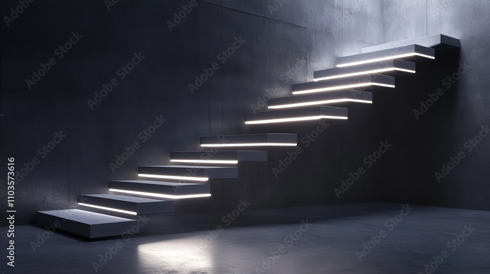 Poster a futuristic staircase with neon lighting under each step, creating a glowing effect.