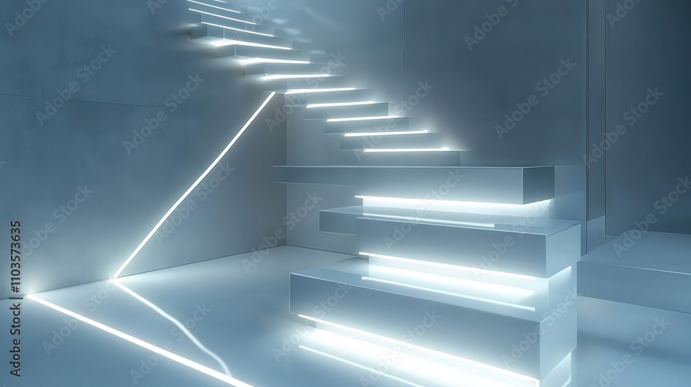 Poster a futuristic staircase with neon lighting under each step, creating a glowing effect.