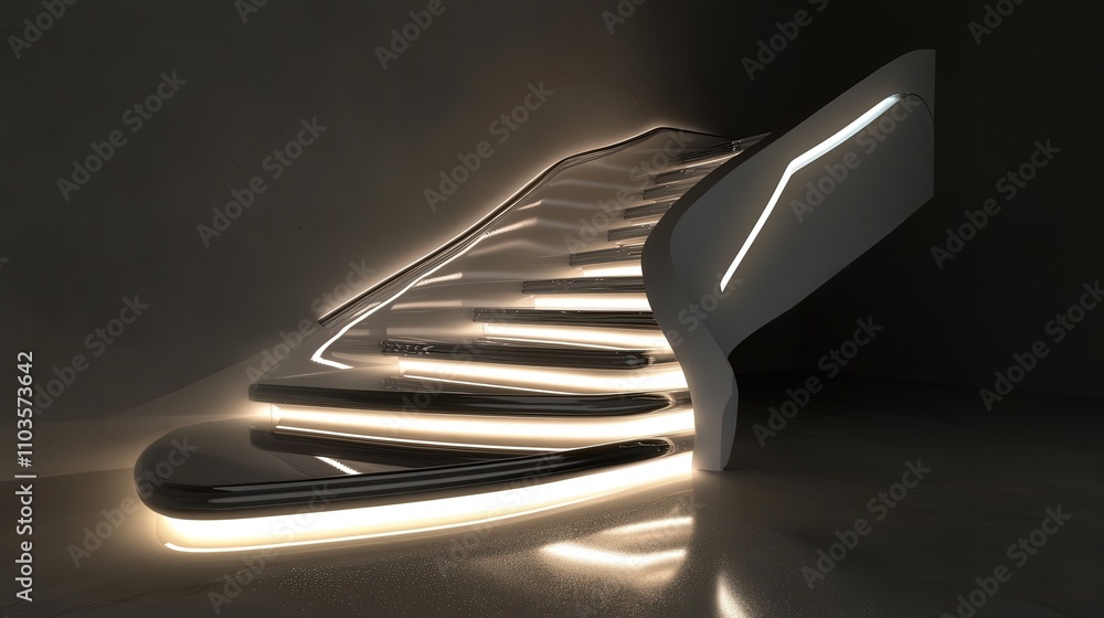 Poster a futuristic staircase with neon lighting under each step, creating a glowing effect.