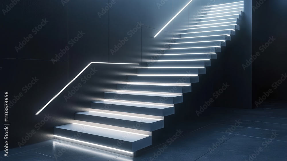Poster a futuristic staircase with neon lighting under each step, creating a glowing effect.
