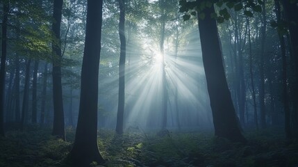 Obraz premium Sunlight Breaks Through Trees in a Serene Forest Setting