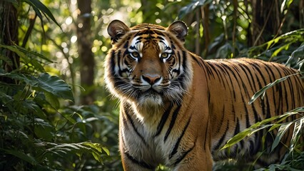 Obraz premium Bengal Tiger in its Natural Habitat Amidst Dense Foliage