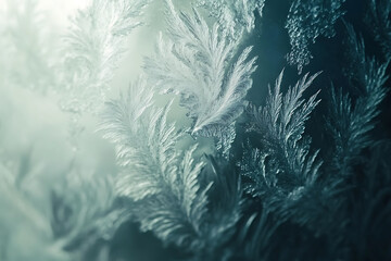 Close-up of frosted window glass with intricate icy patterns glowing softly under gentle winter sunlight