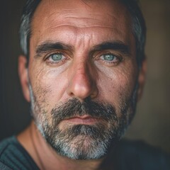 Obraz premium Middle-aged man with strong features and a direct gaze, looking straight into the camera, photo for a profile picture.