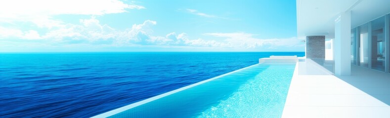 Obraz premium Stunning landscape, swimming pool blue sky with clouds. Tropical resort hotel in Maldives. Fantastic relax and peaceful vibes, chairs, loungers under umbrella and palm leaves. Luxury travel vacation