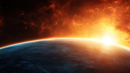 A stunning view of Earth from space, showcasing a vibrant sunrise against a backdrop of cosmic colors.