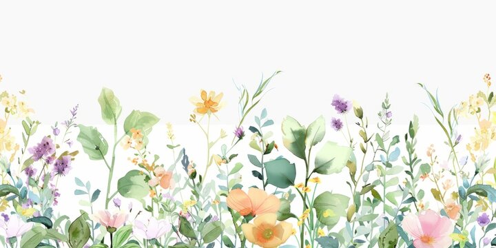 Gentle watercolor floral seamless border. Hesperis, hosta, hypericum, iberis, inula, ipheion, isopyrum, ixora, jatropha, justicia, simple illustration on white background.
