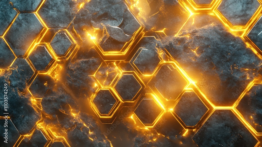 Poster abstract hexagonal pattern with glowing edges and textured background.
