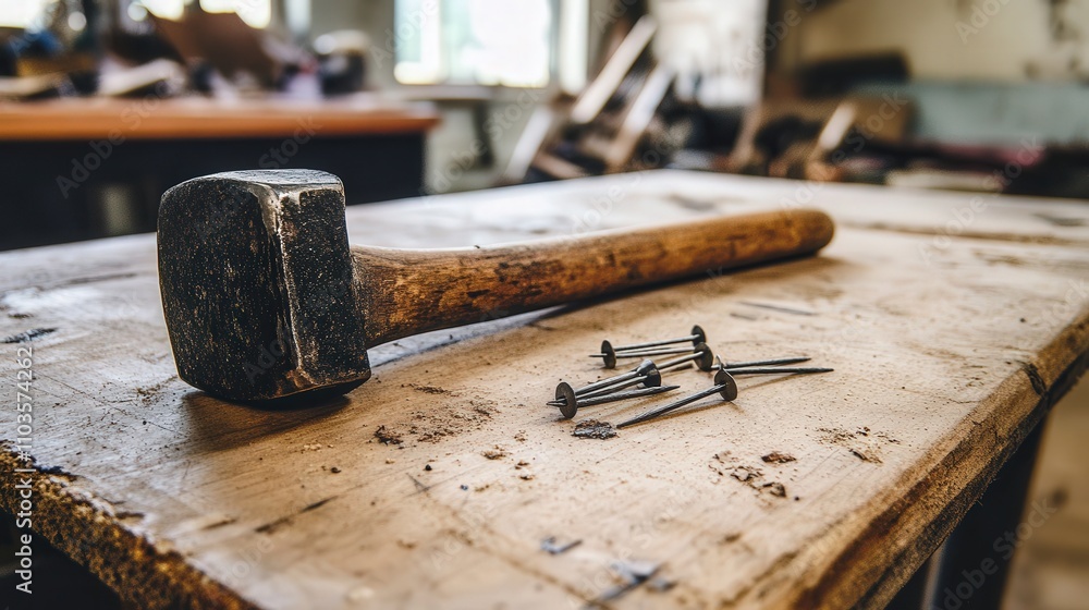 Poster a hammer placed alongside a few nails on a clean work surface, highlighting the simplicity of the ta