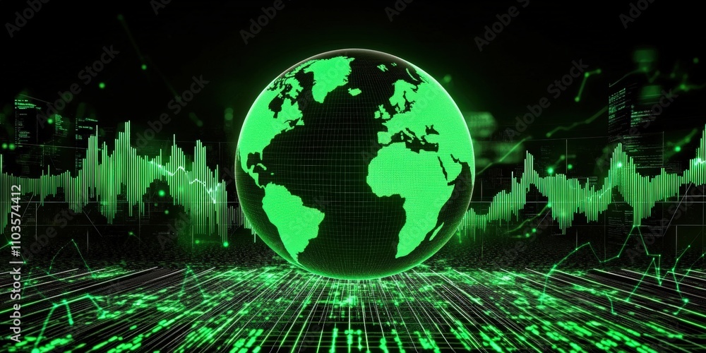 Poster glowing green globe on black background with digital effects and data visualization elements for fut