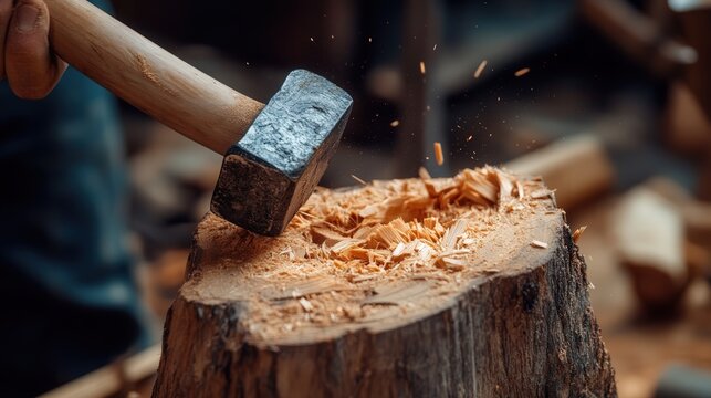 A hammer striking a chisel, creating a precise groove in a piece of wood.
