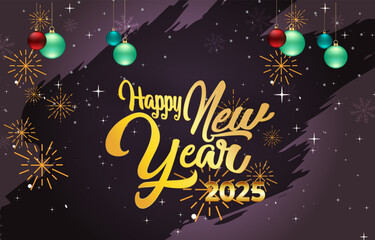 Naklejka premium 2025 happy new year template banner with modern 3d text effect and beautiful sparkle luxury shiny ornament abstract gradient purple background design 016