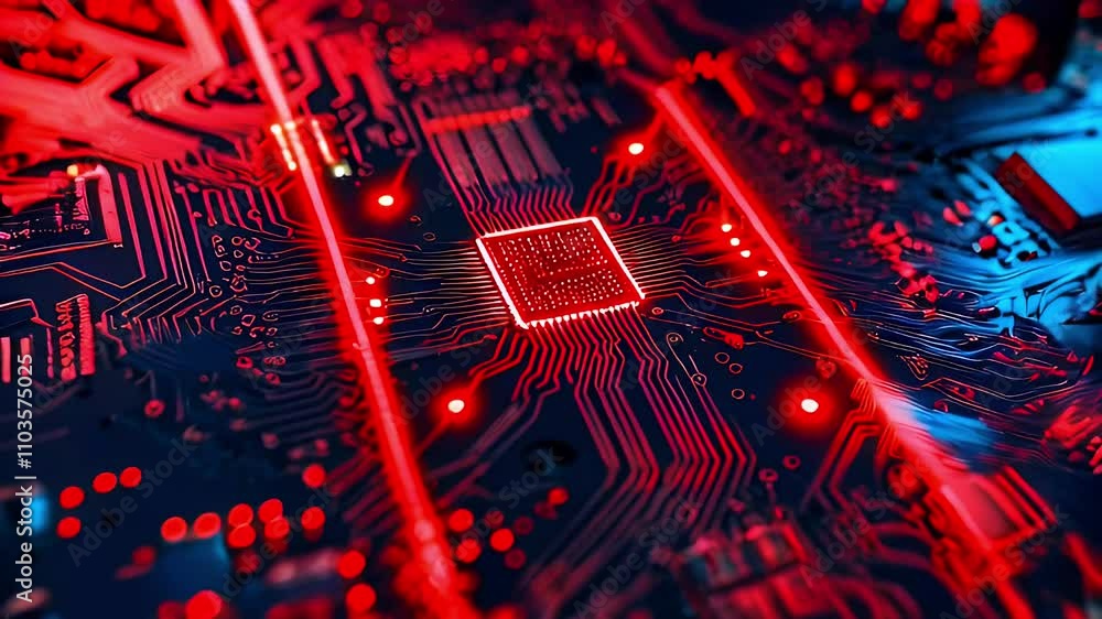 Poster a close-up of a circuit board illuminated in red and blue, showcasing technological design.