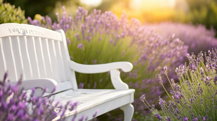 vintage style white garden bench surrounded by blooming lavender flowers creates serene and inviting atmosphere. intricate details of bench enhance tranquil setting