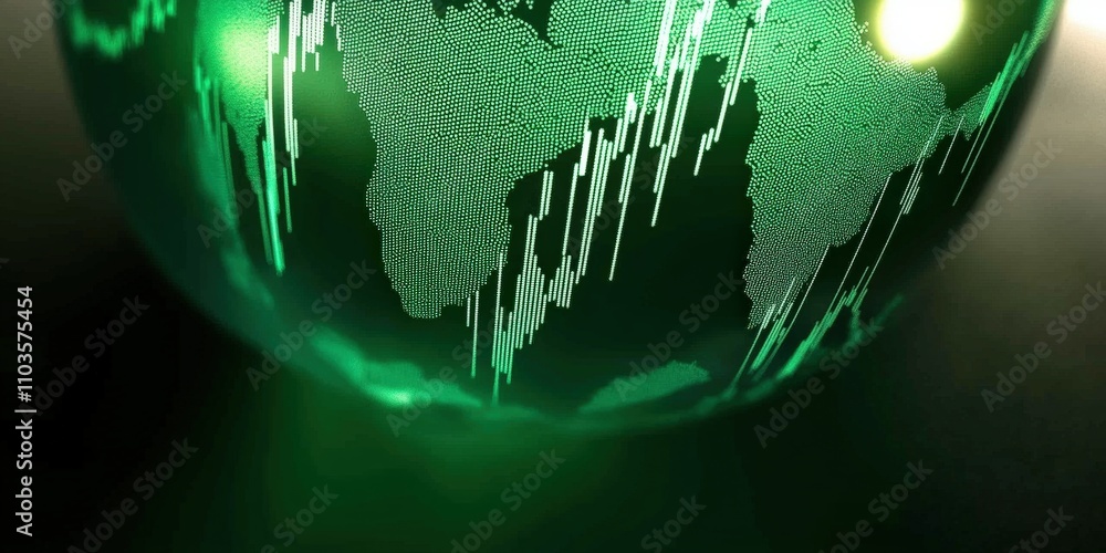 Poster intricate 3d rendering of a transparent green globe featuring global map patterns and financial data