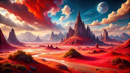 Enchanting Crimson Red Fantasy Landscape with Blood-Soaked Mountains and Mysterious Desert for Stunning Phone Wallpaper Background