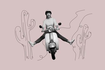 Composite photo collage of happy girl ride retro scooter moped cactus nature vacation freedom summer vehicle isolated on painted background