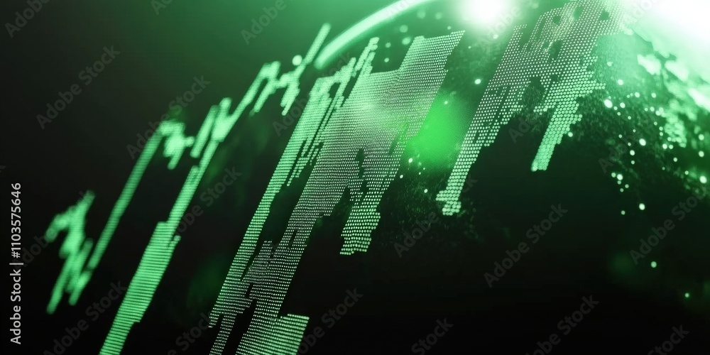 Poster detailed 3d rendering of green abstract stock visual with digital effects and global data representa