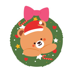 cute drawing cartoon bear inside christmas wreath. cute animal drawing, doodle, sticker for christmas