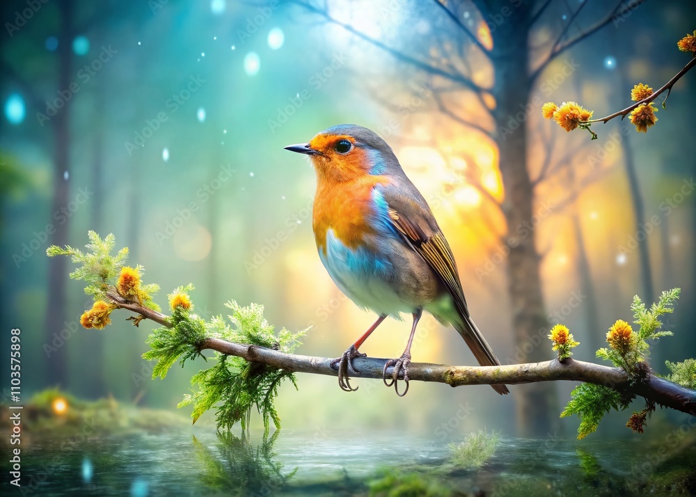 Poster enchanting double exposure of a bird perched on a branch surrounded by a blurred forest background i