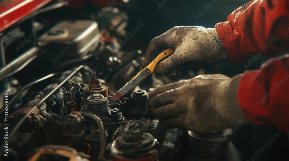 Poster a mechanic using pliers to adjust a component on a car's engine. the tool is perfectly gripped,