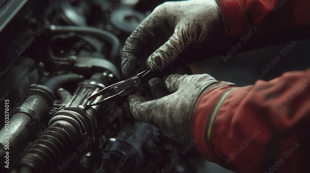 Aufkleber a mechanic using pliers to adjust a component on a car's engine. the tool is perfectly gripped,