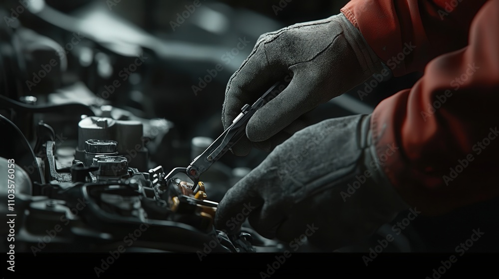 Aufkleber a mechanic using pliers to adjust a component on a car's engine. the tool is perfectly gripped,