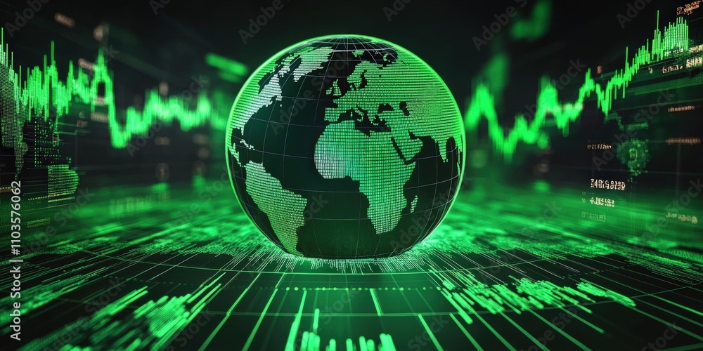 Poster glowing green globe with data visualization on a dark background showing digital trends and waves of
