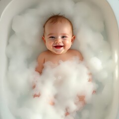 Drone's eye view: baby bubbles in a bathtub.