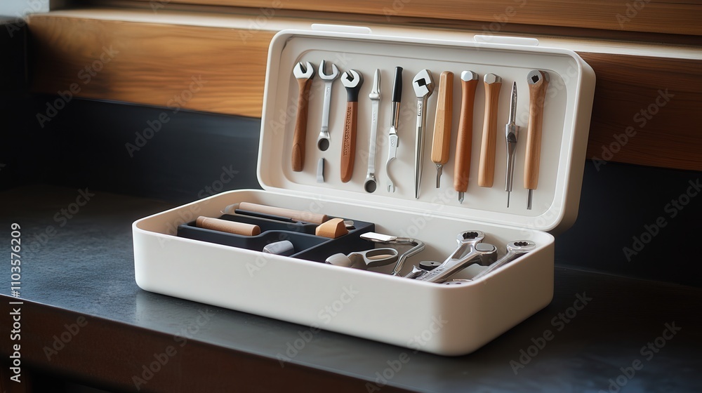Poster a minimalist toolbox with a sleek design, featuring neatly arranged tools for simple home repairs.