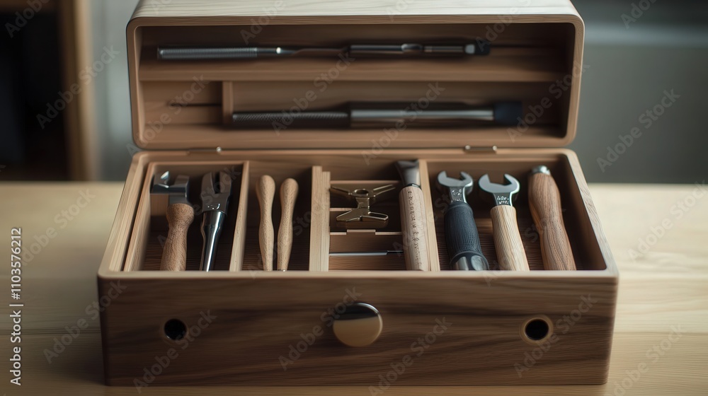 Poster a minimalist toolbox with a sleek design, featuring neatly arranged tools for simple home repairs.