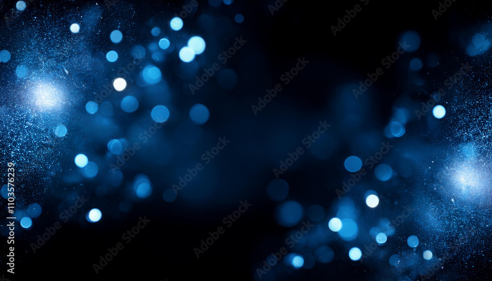 Poster blue particles on black background with cinematic atmosphere. glittering sparkling bokeh overlay wit