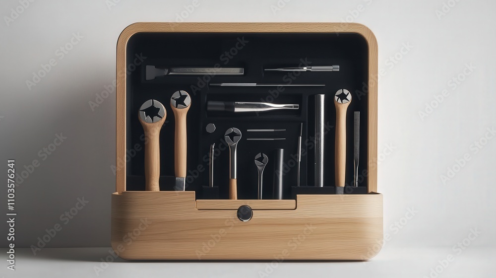 Poster a minimalist toolbox with a sleek design, featuring neatly arranged tools for simple home repairs.