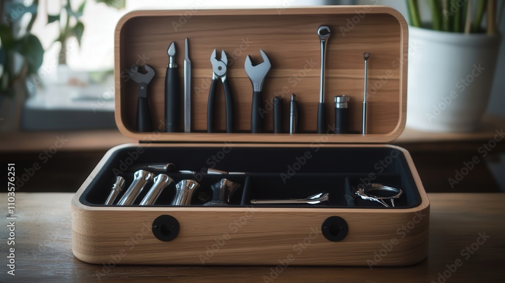 Aufkleber a minimalist toolbox with a sleek design, featuring neatly arranged tools for simple home repairs.