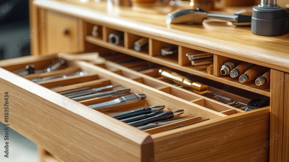 Poster a modern toolbox with organized slots for tools, showing off its efficient design. each tool is neat