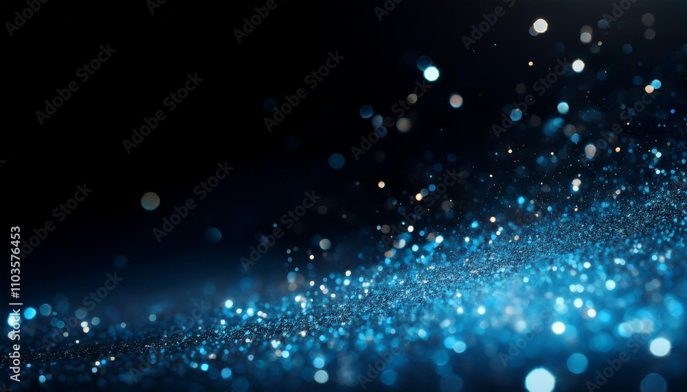 Poster blue particles on black background with cinematic atmosphere. glittering sparkling bokeh overlay wit