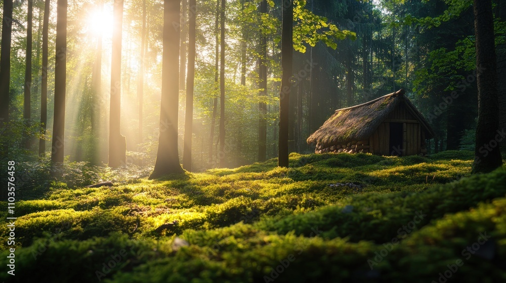 Poster serene forest scene with a rustic hut illuminated by soft sunlight filtering through trees.